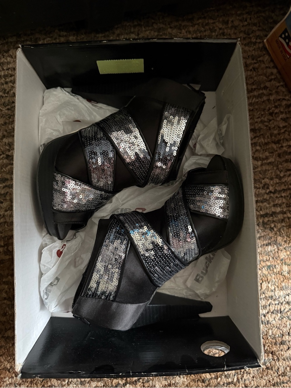 NIB BKE Black Sequin Strappy Peep-Toe Ankle Heels - Picture 4 of 6